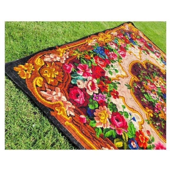 Antique 1930's Bright Floral Woven Carpet Rug Bedspread Couch Cover - Picture 3 of 7
